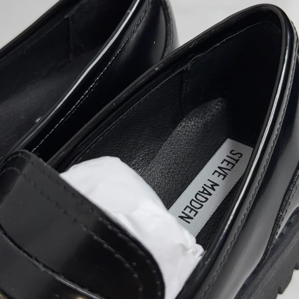 Steve Madden Lando Black Leather Chunky Loafer 8.5 Platform Lug Sole Horsebit
